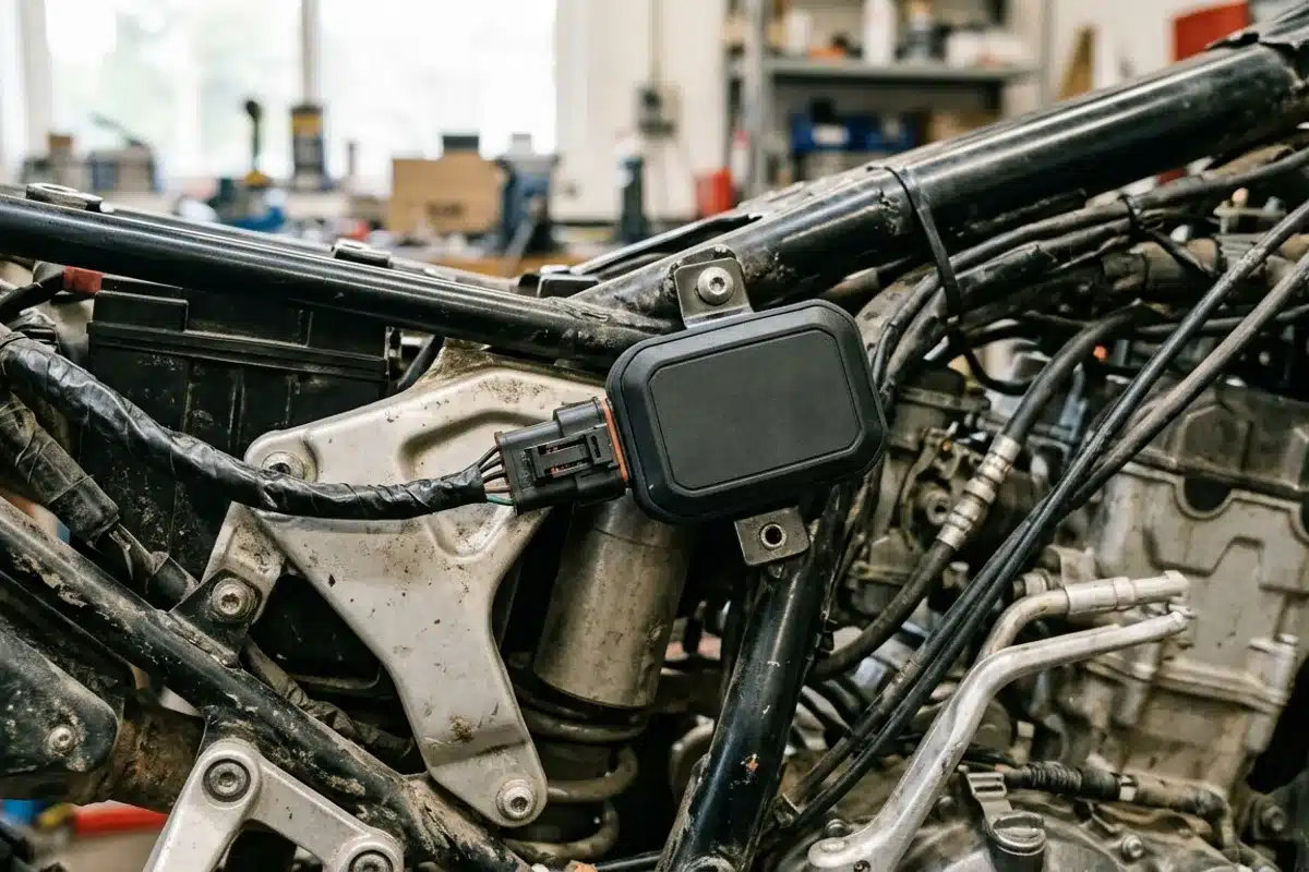 boitier telematique GPS pour assurance moto au km Boitier GPS telematique branche sur le chassis d'une moto en atelier, utilise pour mesurer le kilometrage dans le cadre d'une assurance au km