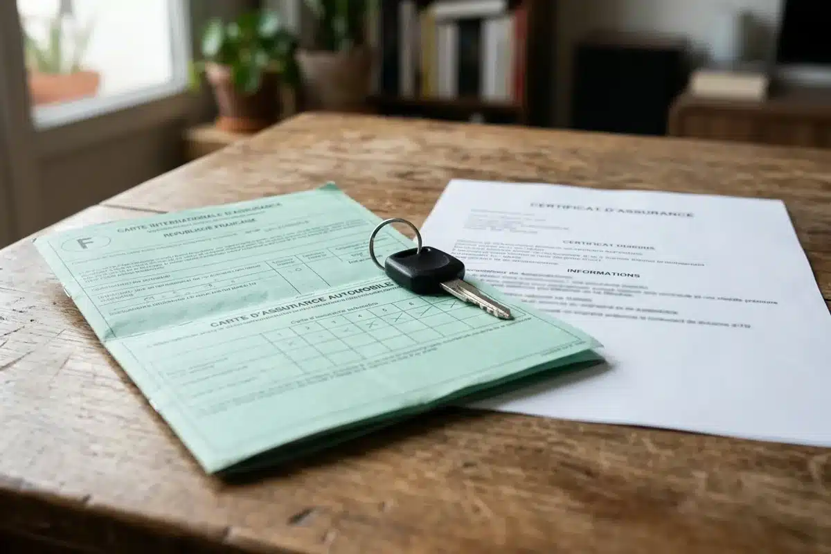 Carte verte d'assurance moto Carte verte d'assurance moto et certificat d'assurance posés sur une table avec une clé