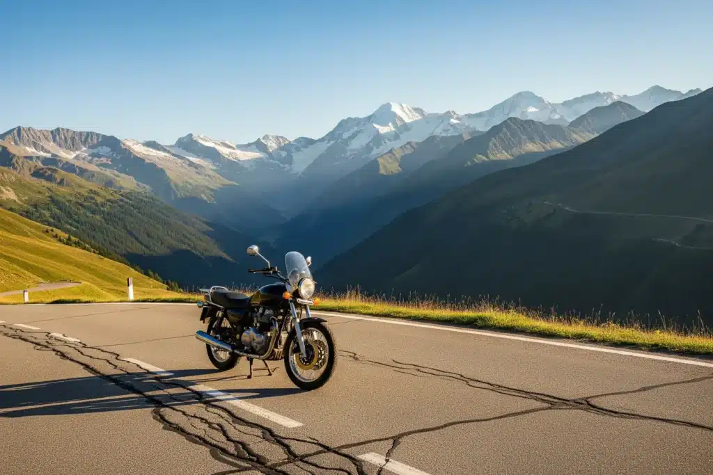 Moto de route garée sur un col de montagne, illustrant la thématique du comparatif assurance moto 2026