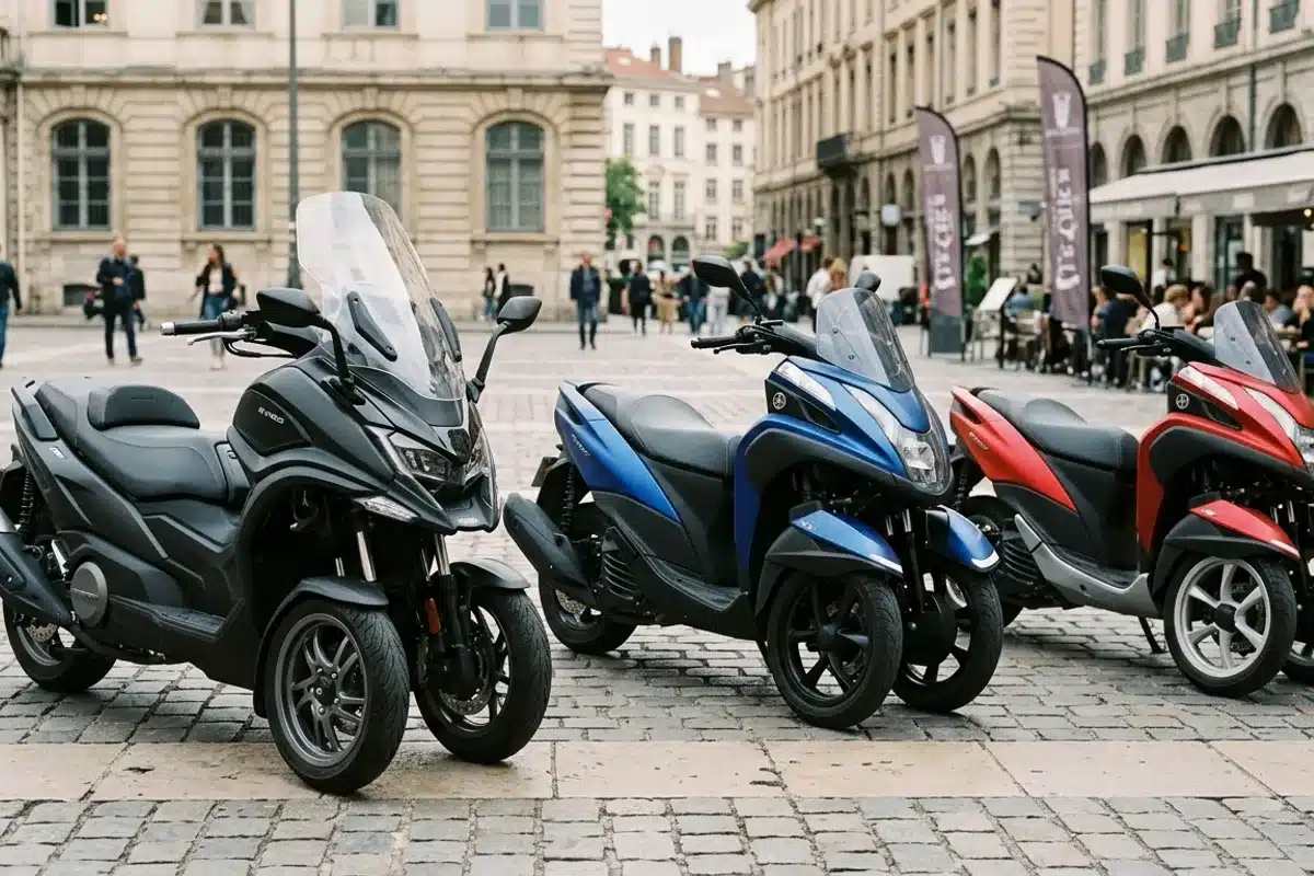 Trois scooters à trois roues de modèles différents alignés, chacun avec deux roues à l'avant