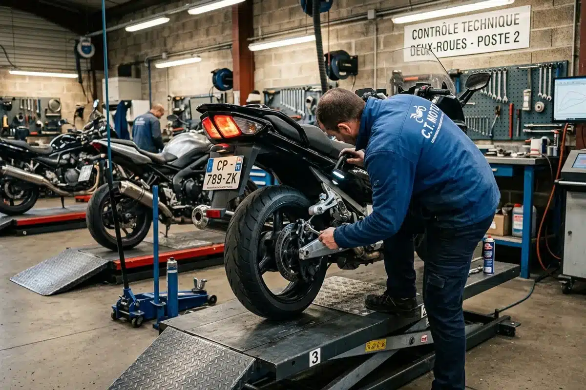 Contrôle technique d'une moto en centre agréé Technicien inspectant une moto lors d'un contrôle technique deux-roues