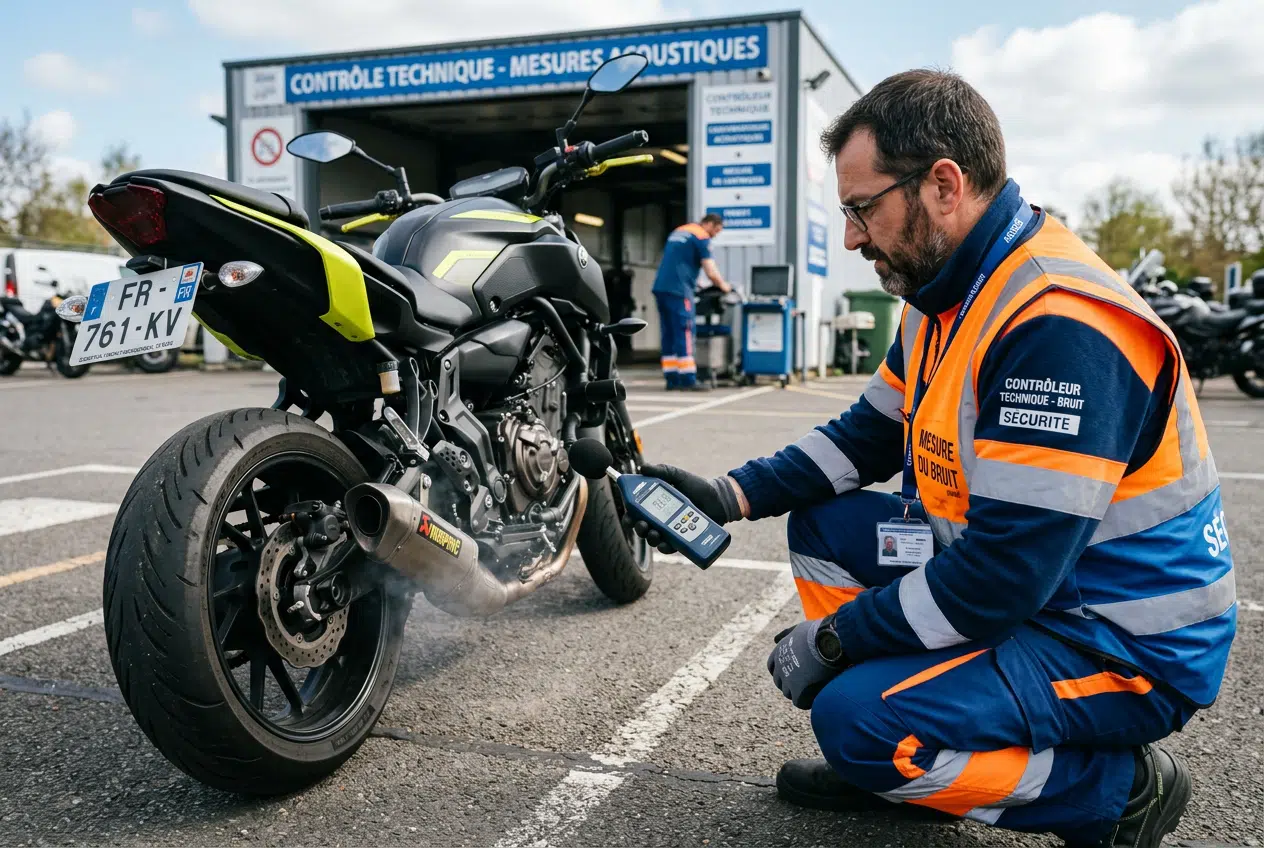 Mesure du niveau sonore d'une moto au sonomètre Contrôleur mesurant le bruit d'une moto avec un sonomètre près de l'échappement
