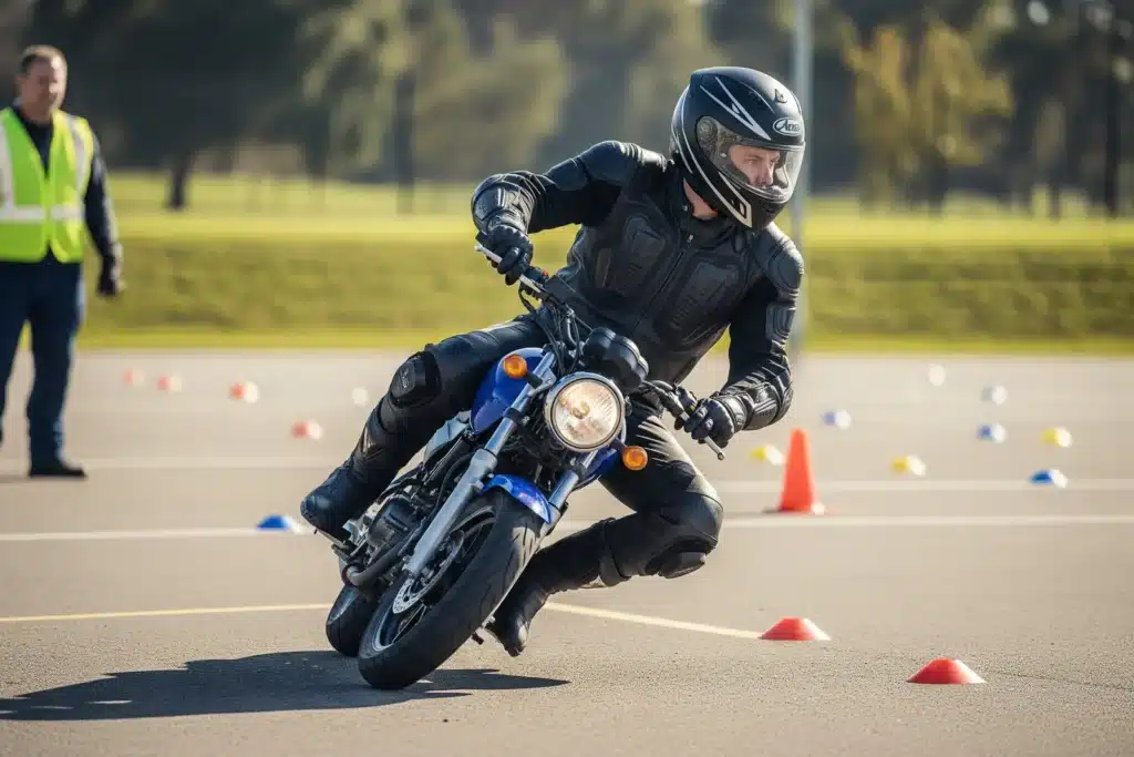Jeune motard en équipement complet lors d'une formation au permis moto sur plateau