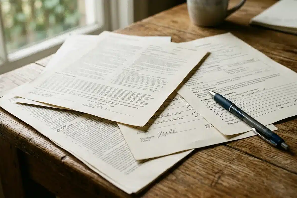criteres comparaison assurance moto documents contrat Documents de contrat d'assurance posés sur une table, illustrant les critères à comparer pour une assurance moto