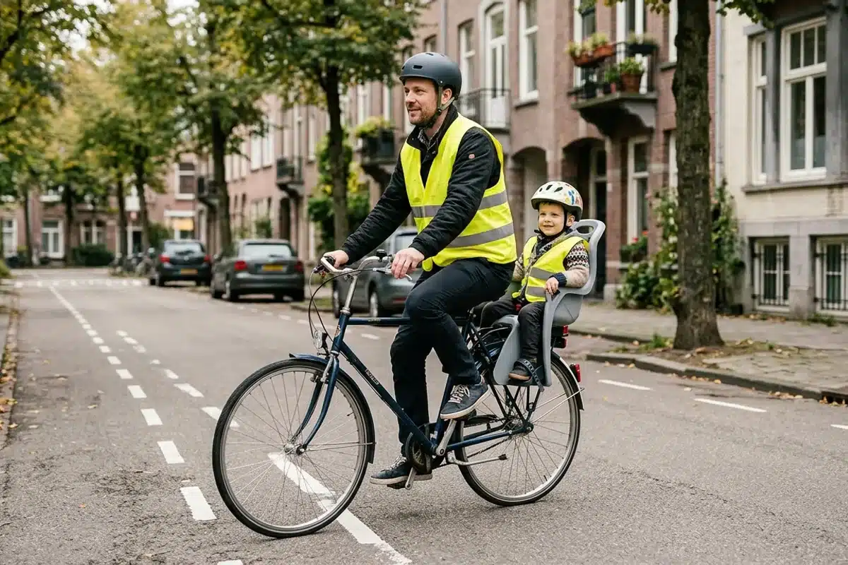 Cycliste et enfant casqués portant un gilet haute visibilité Adulte et enfant à vélo avec casque et gilet rétroréfléchissant obligatoires