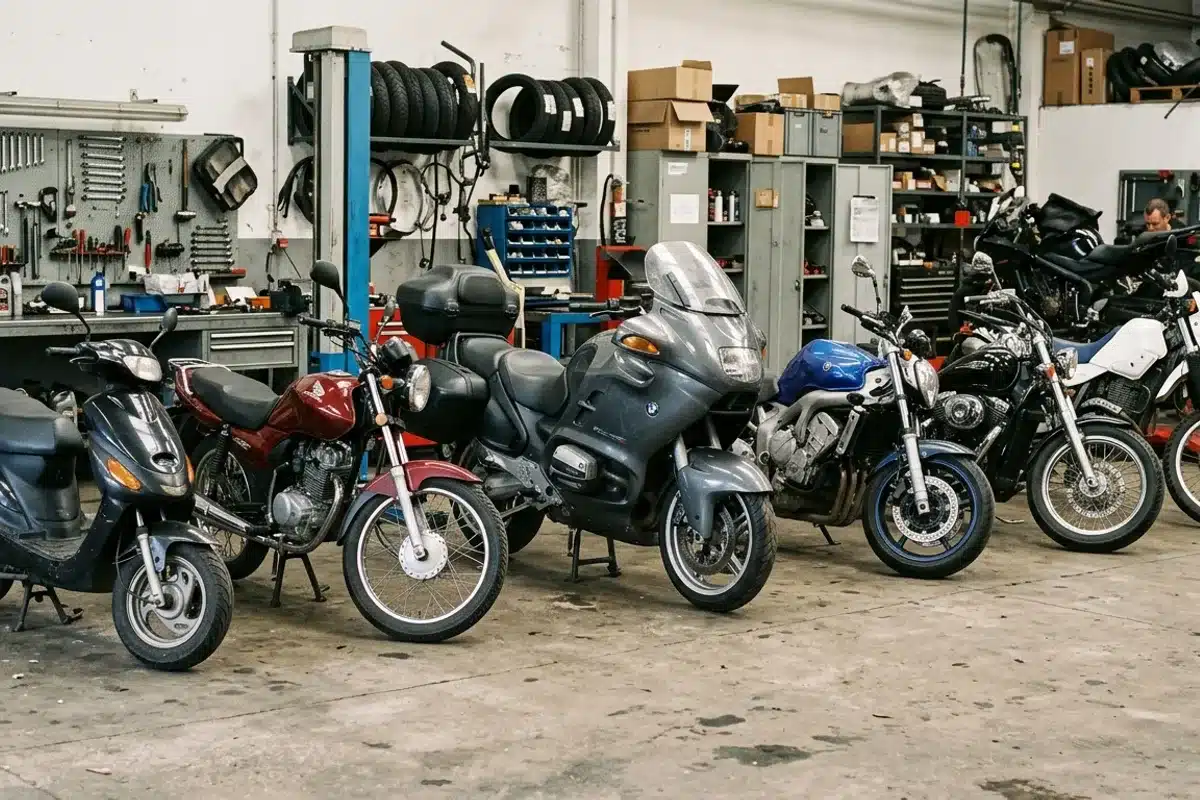 Deux-roues de cylindrées variées Scooter, 125 et grosses motos alignés, dont le prix de contrôle technique varie