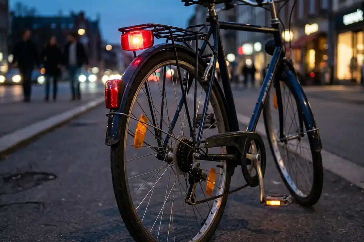 Éclairage arrière et catadioptres obligatoires d'un vélo la nuit Feu rouge fixe et catadioptres réfléchissants à l'arrière d'un vélo au crépuscule