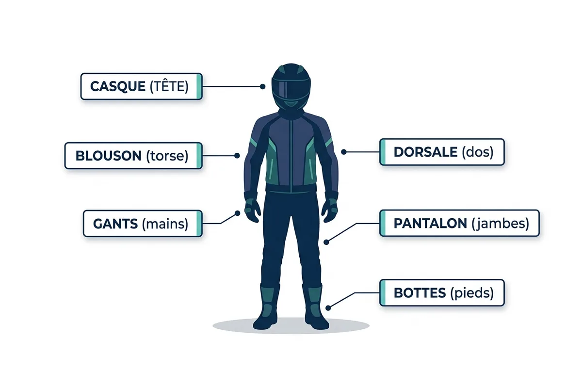 Équipement moto de la tête aux pieds Schéma des équipements de protection du motard de la tête aux pieds