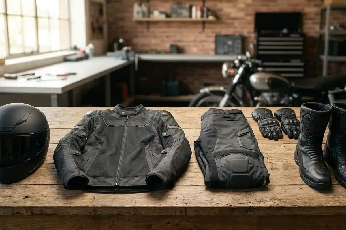 équipement protection moto obligatoire Équipement obligatoire moto : casque, gants CE, blouson et chaussures de sécurité posés sur une surface