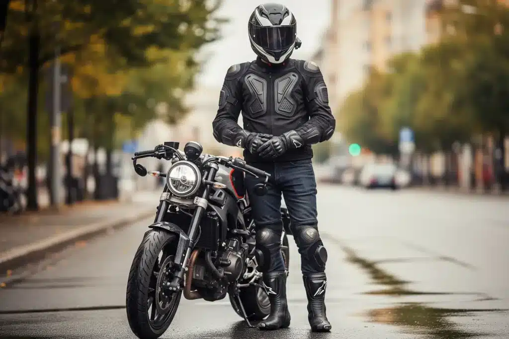 Motard portant l'équipement de sécurité complet à moto : casque, blouson, gants et bottes