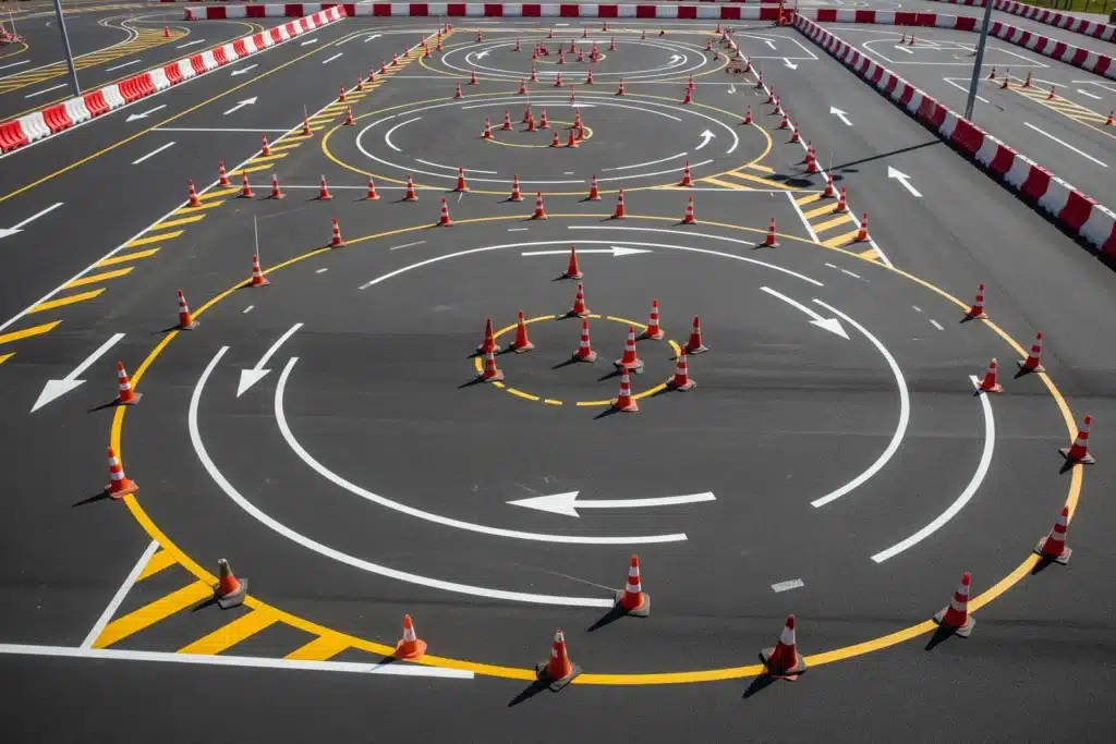 Vue aérienne d'une aire d'entrainement pour l'examen plateau du permis moto avec cônes et marquages