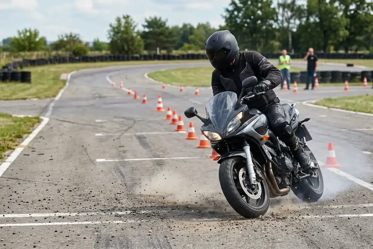 freinage d'urgence exercice plateau permis moto Motard en équipement complet effectuant un freinage d'urgence sur une aire balisée lors de l'examen plateau du permis moto