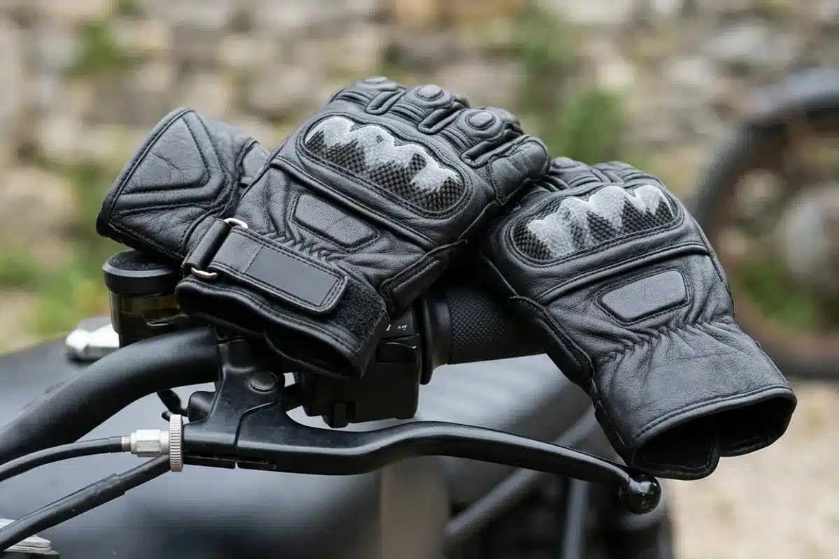 Gants moto en cuir renforcés Gants moto en cuir avec renforts aux articulations posés sur un guidon