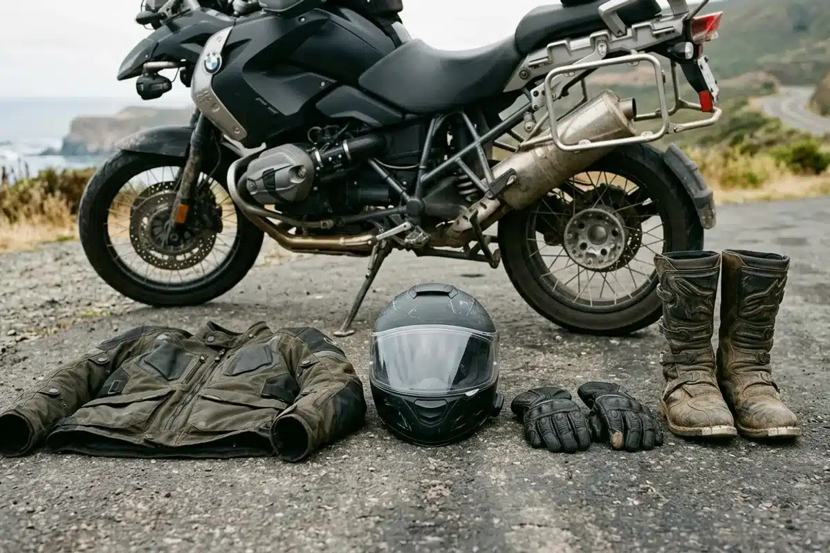 Équipement du motard couvert par l'assurance Casque, blouson, gants et bottes de moto posés au sol près d'une moto