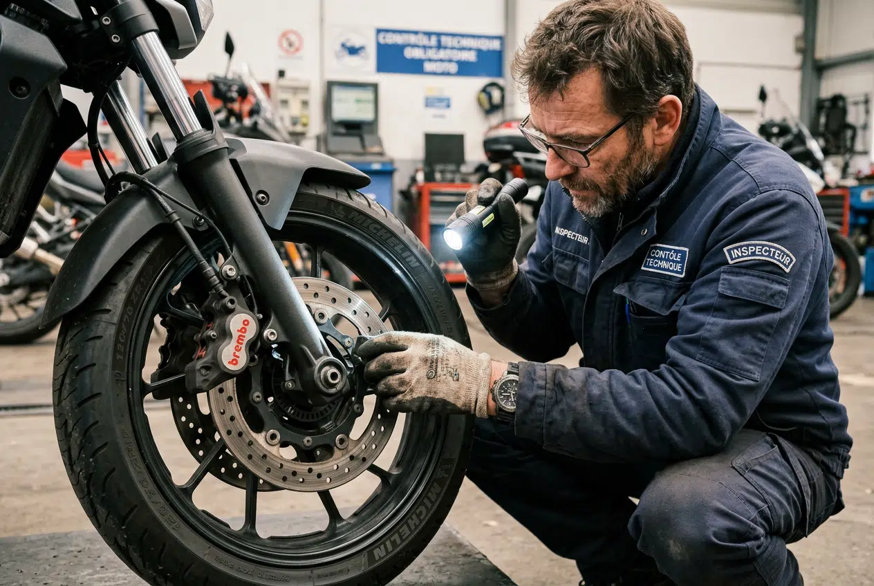 Vérification des freins et pneus d'une moto au contrôle technique Contrôleur inspectant le système de freinage et les pneus d'une moto pendant le contrôle technique