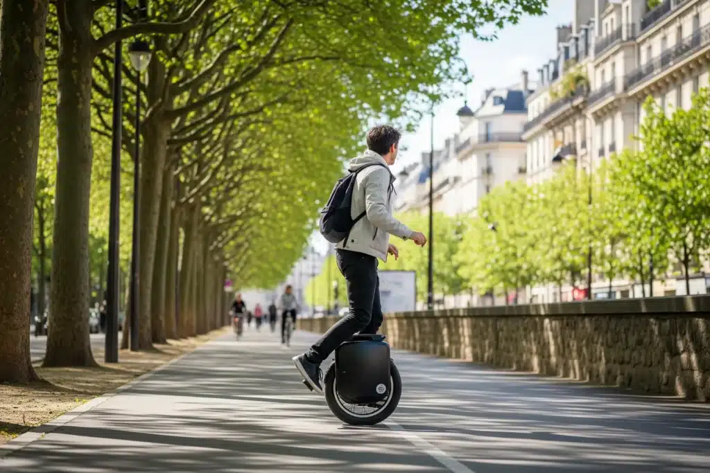 Gyroroue conduite sur une piste cyclable arborée en ville