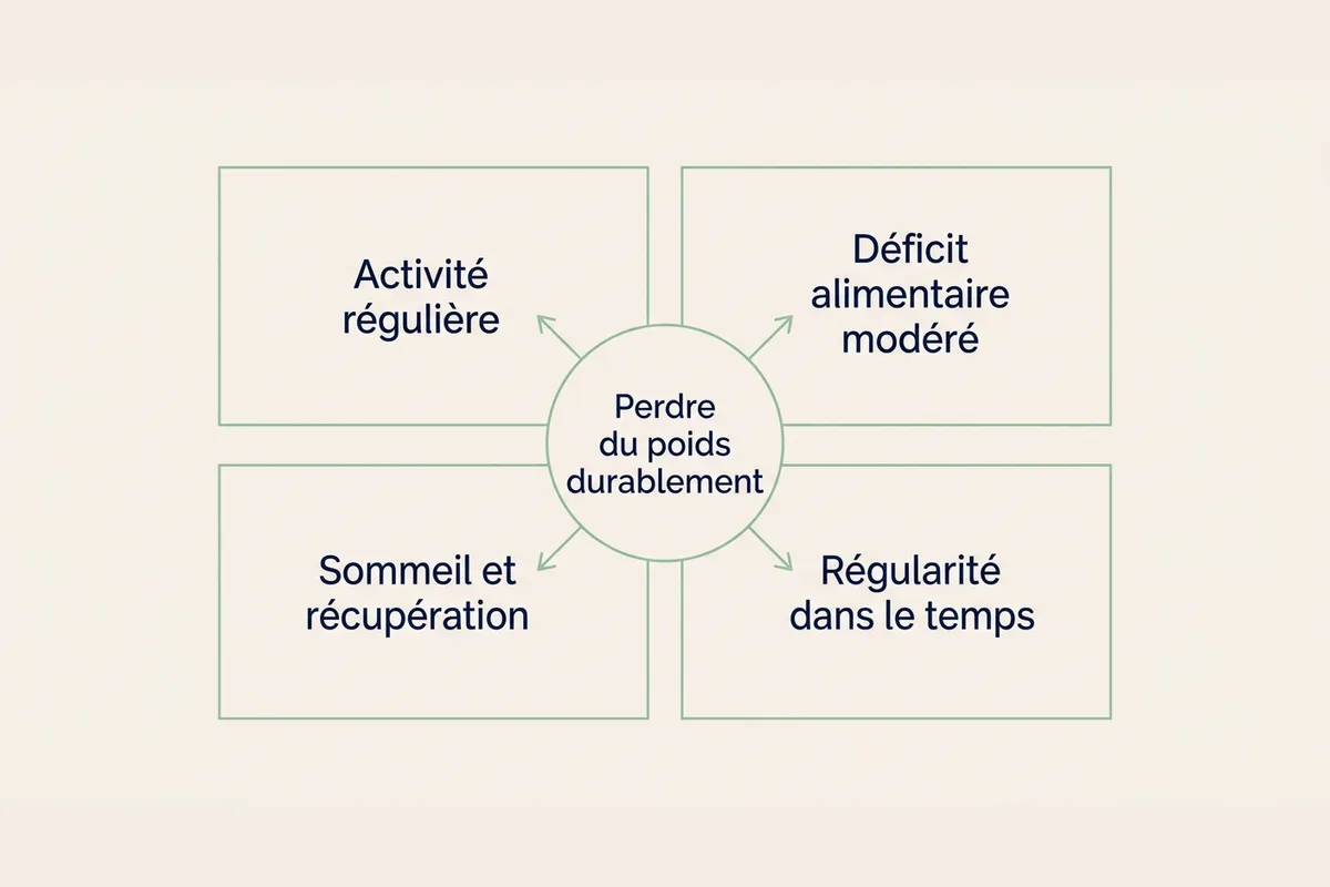 Les leviers de la perte de poids Schéma des quatre leviers d'une perte de poids durable autour du vélo d'appartement