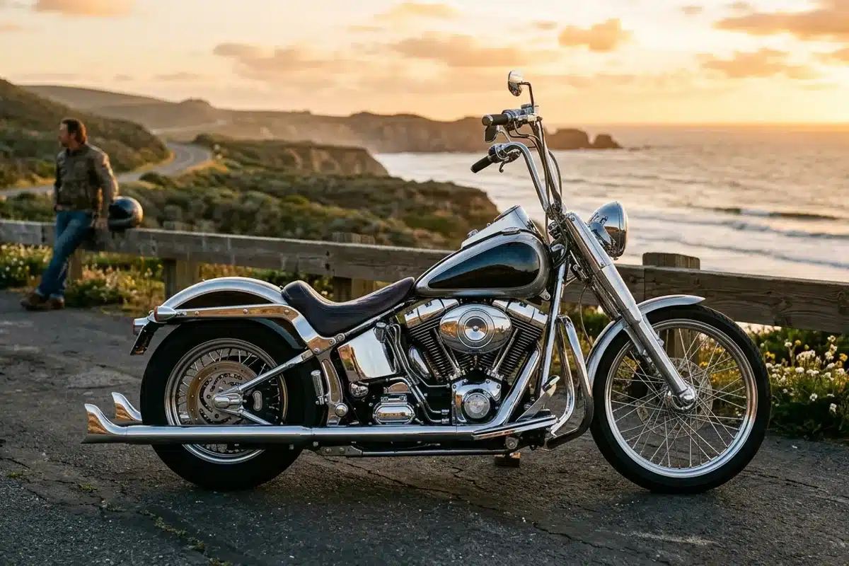 Moto custom cruiser chromée au bord de mer Moto custom cruiser chromée garée de profil au bord de la mer au coucher du soleil