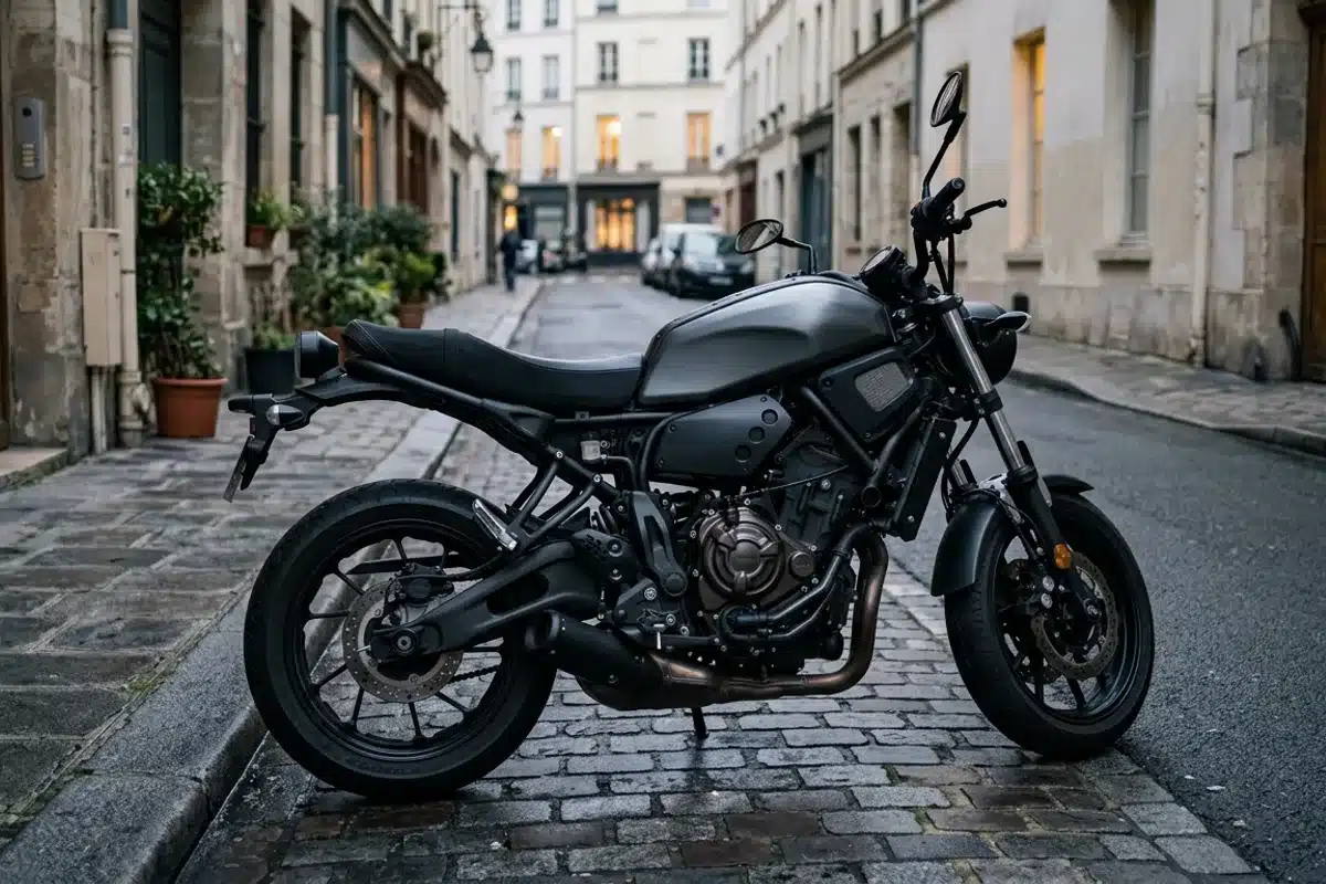 Moto roadster nue (naked) en ville Moto roadster nue de type naked garée dans une rue urbaine pavée