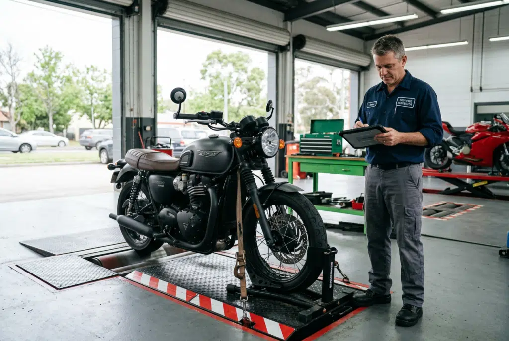 Contrôle technique moto 2026 : une moto inspectée sur un banc dans un centre agréé catégorie L
