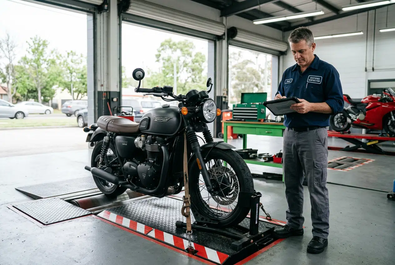 Contrôle technique moto 2026 dans un centre agréé Contrôle technique moto 2026 : une moto inspectée sur un banc dans un centre agréé catégorie L