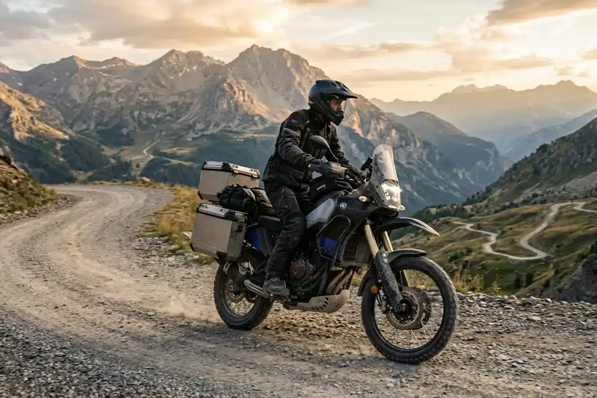 Moto trail d'aventure sur route de montagne Moto trail d'aventure équipée de sacoches sur une route de montagne avec un motard