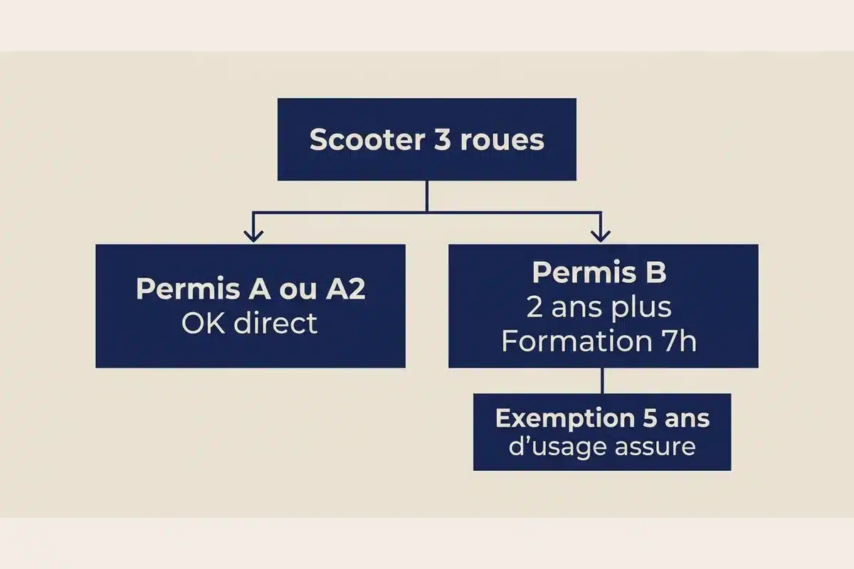 Schéma des permis pour un scooter à trois roues : permis A ou A2, ou permis B avec formation de 7 heures