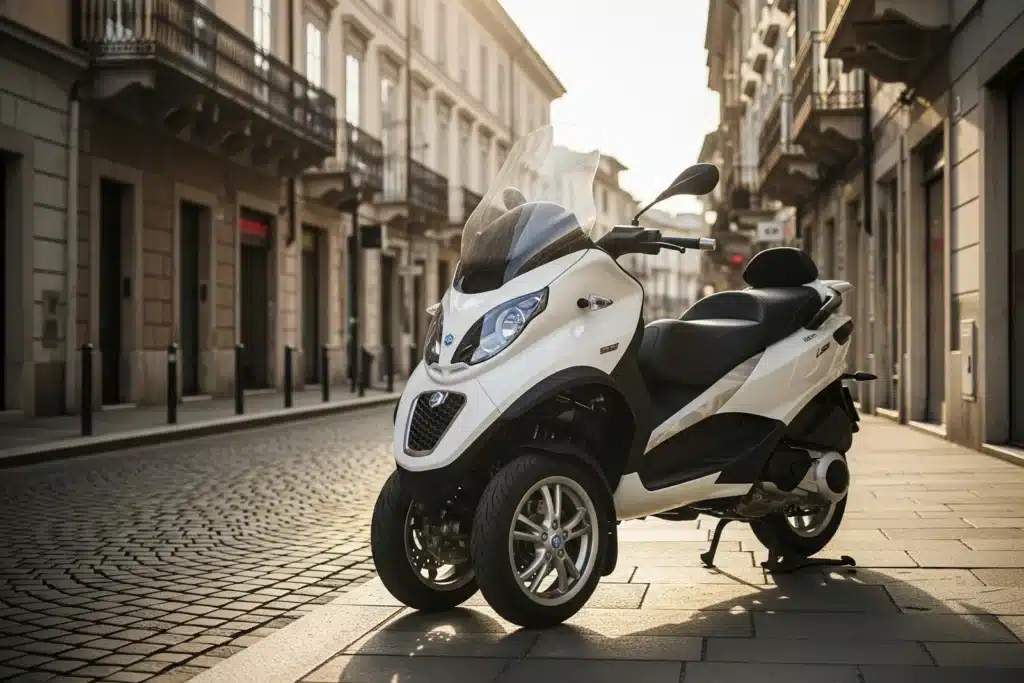 Piaggio MP3 blanc trois roues garé sur une rue pavée européenne, vue avant trois quarts montrant les deux roues avant