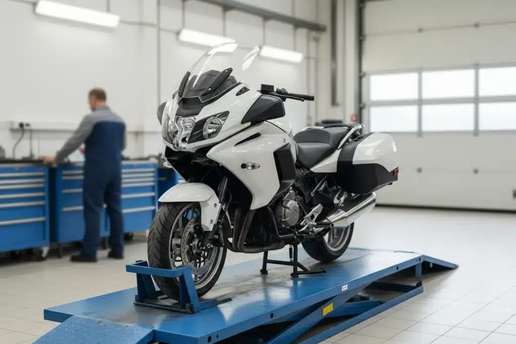 Prix du contrôle technique moto, une moto routière sur le pont d'un centre agréé