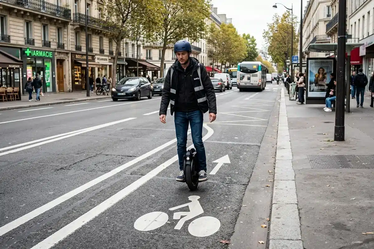 Circulation de la gyroroue en ville Gyroroue circulant sur une bande cyclable en agglomération