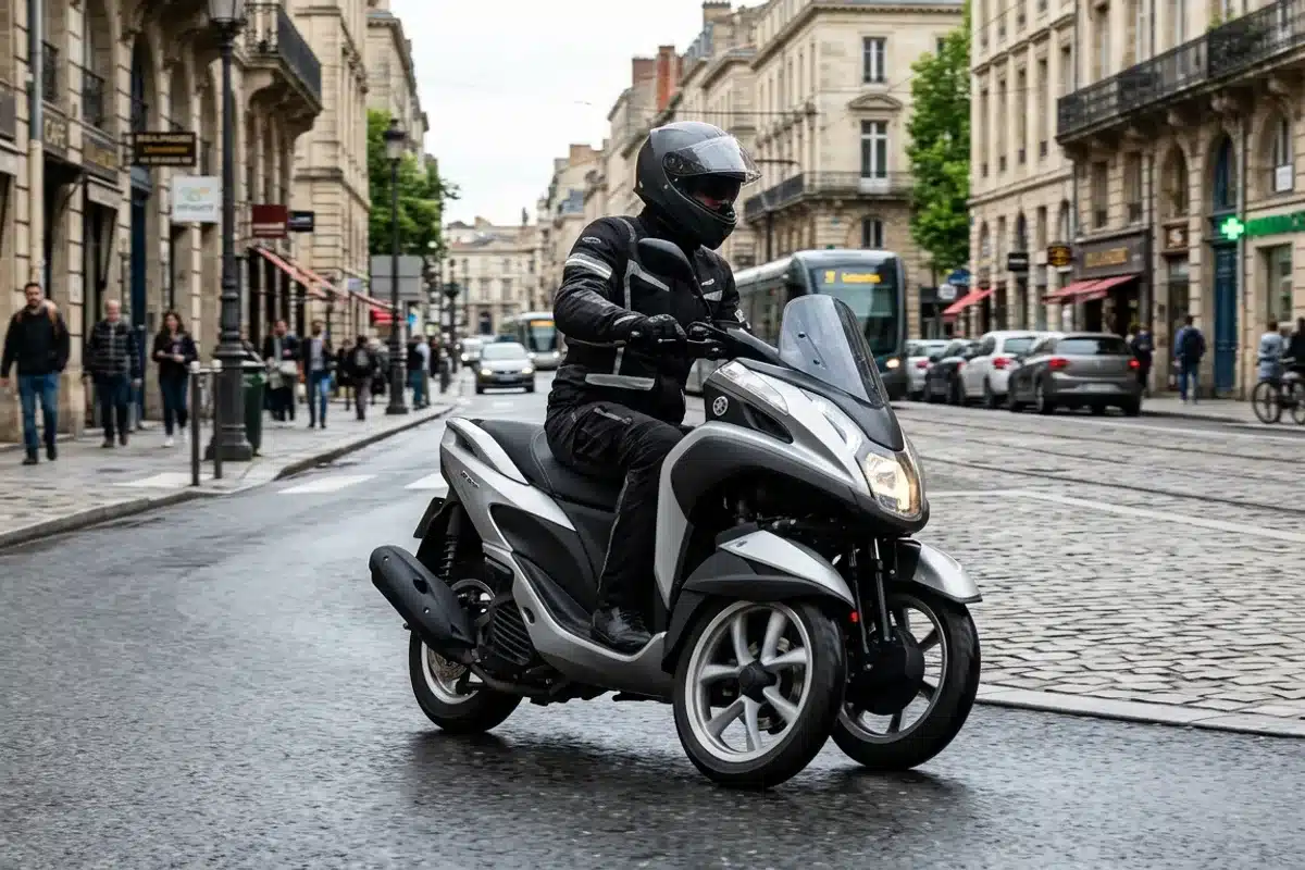 Scooter à trois roues à deux roues avant circulant dans une rue de ville, vue de trois quarts avant
