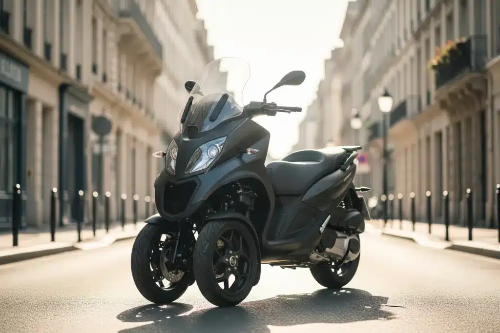 Scooter à trois roues stationné dans une rue urbaine ensoleillée, vue de trois quarts avant