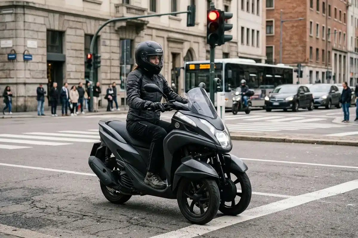 Scooter trois roues et équipement de sécurité au feu rouge Conducteur en tenue de sécurité complète sur un scooter trois roues, à l'arrêt à un feu rouge en ville