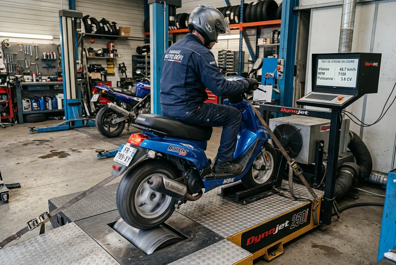 Test de vitesse d'un cyclomoteur 50 cm³ au contrôle technique Cyclomoteur 50 cm³ sur un banc à rouleaux lors du test de vitesse au céléromètre