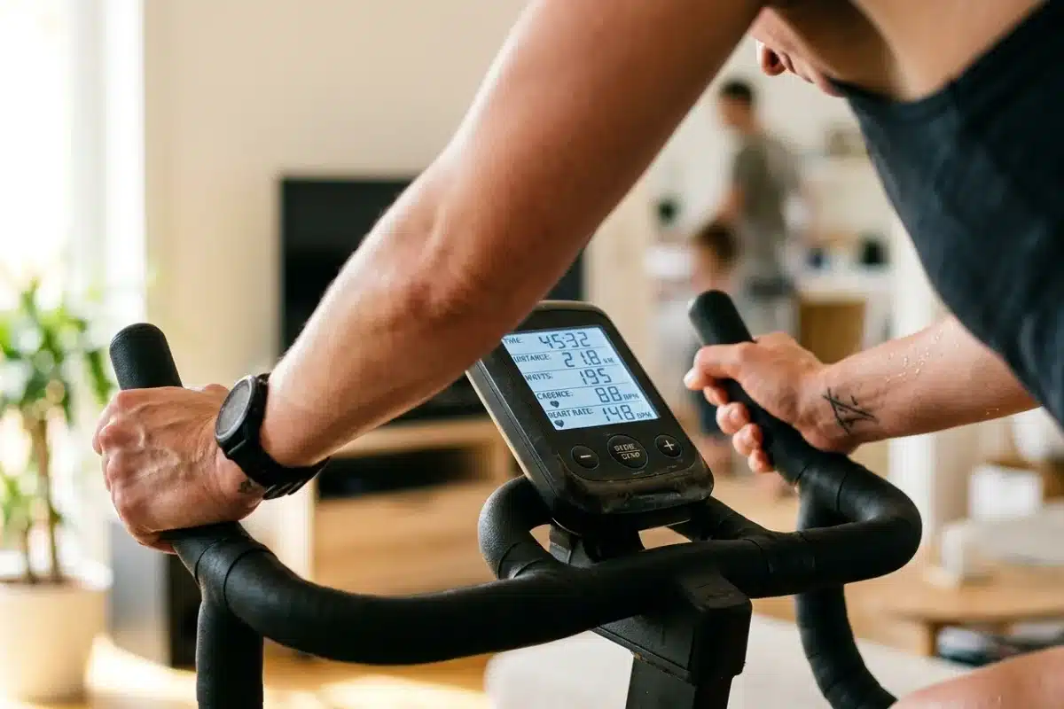 Séance de vélo d'appartement Console d'un vélo d'appartement affichant le temps et la fréquence cardiaque pendant une séance