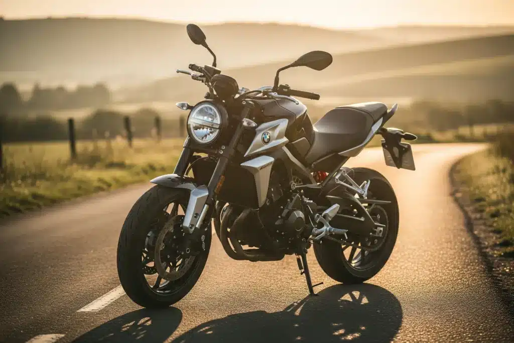Styles de motos : roadster moderne garé sur une route de campagne au lever du soleil