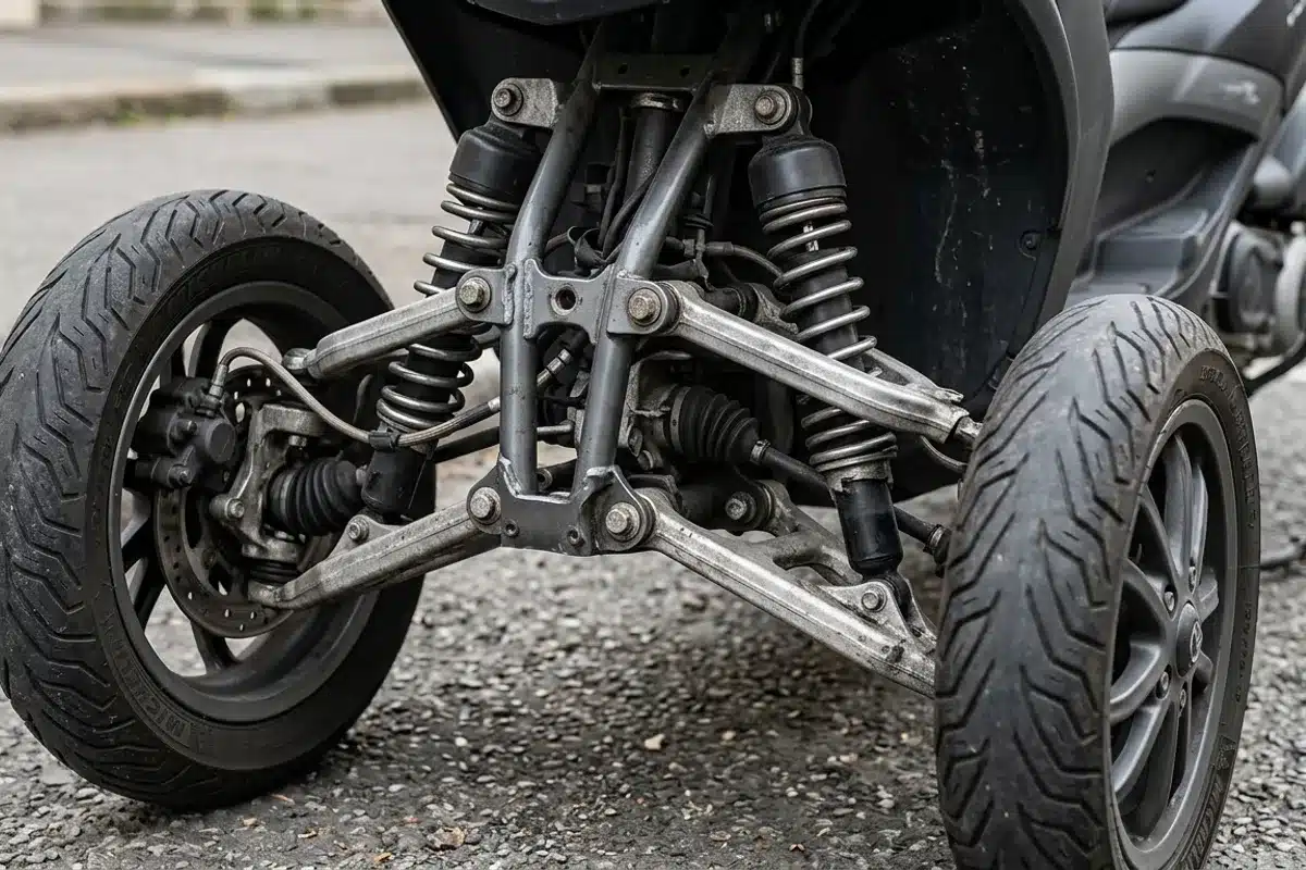 Gros plan sur le double train avant à deux roues et les suspensions d'un scooter à trois roues