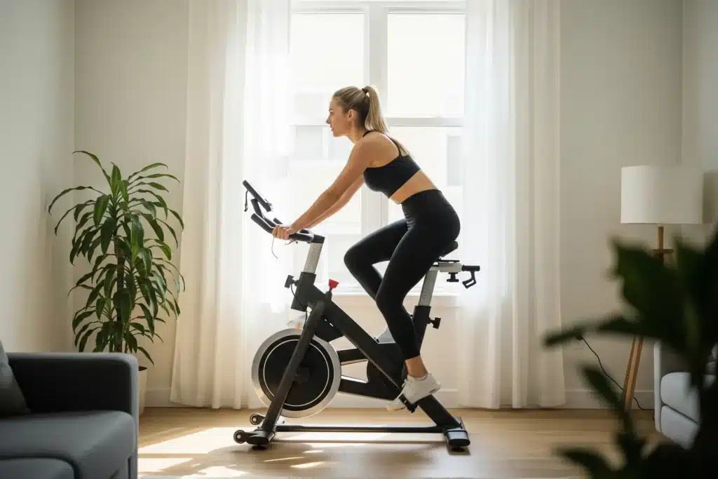 Vélo d'appartement dans un salon lumineux utilisé par une femme pour perdre du poids