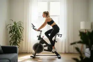 Vélo d'appartement dans un salon lumineux utilisé par une femme pour perdre du poids