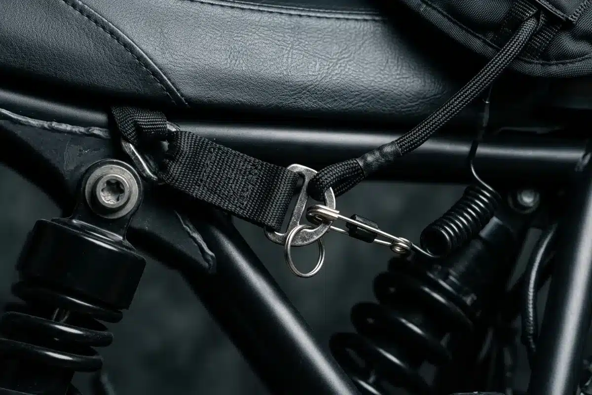 Sangle de déclenchement mécanique d'un gilet airbag moto à ficelle reliée au cadre de la moto sous la selle, goupille de sécurité visible