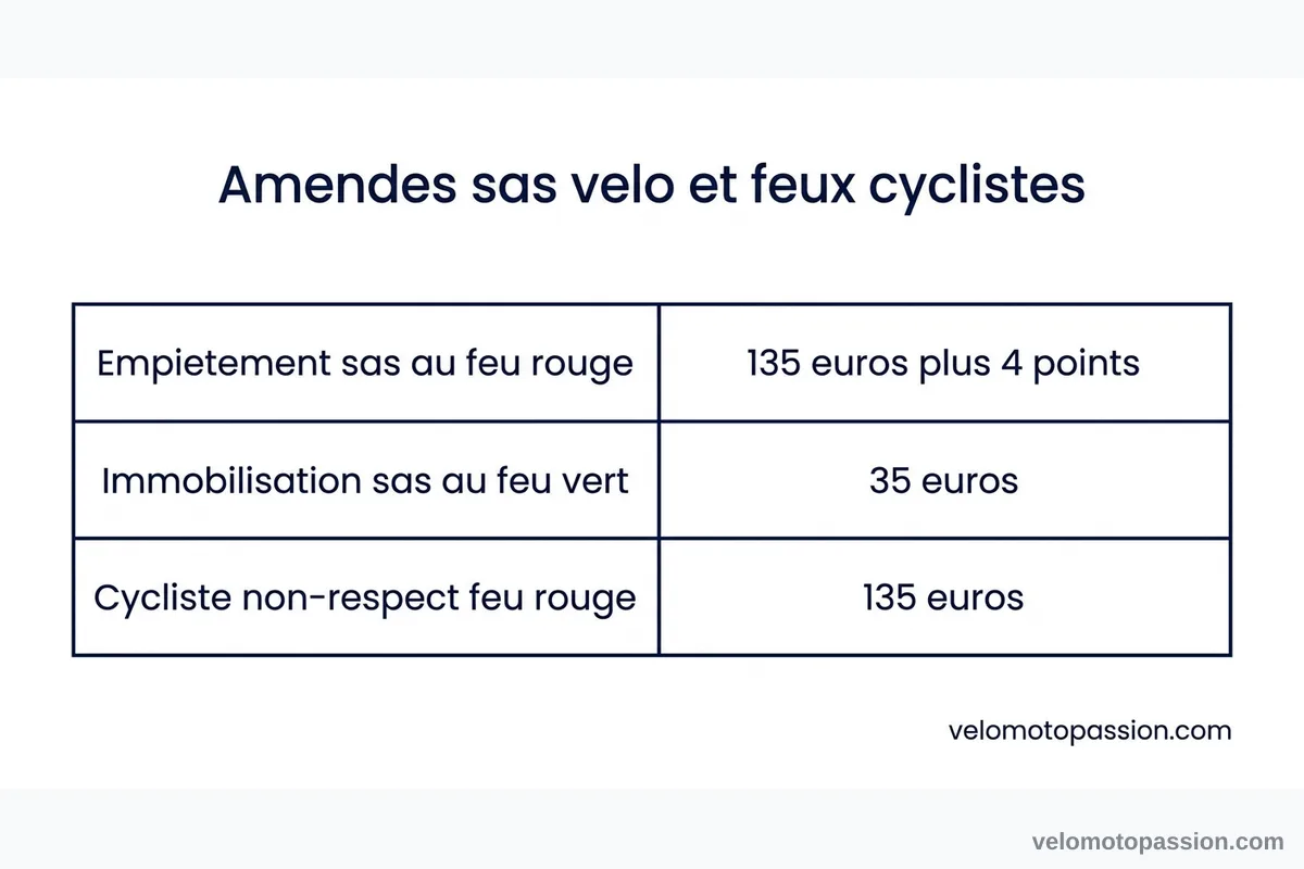 Amendes liées au sas vélo et aux feux cyclistes Infographie des amendes pour non-respect du sas vélo : 135 € et 4 points au feu rouge