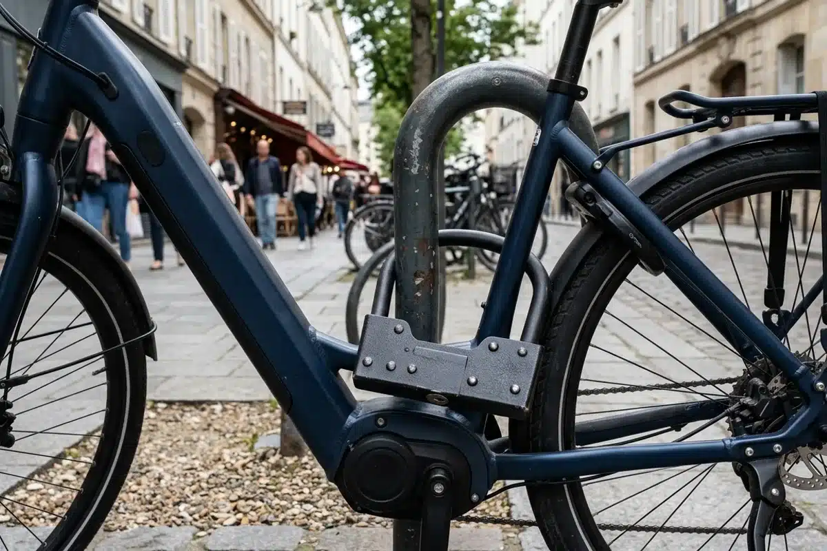 Antivol en U sur un vélo électrique Antivol en U verrouillant le cadre d'un vélo électrique à un arceau urbain