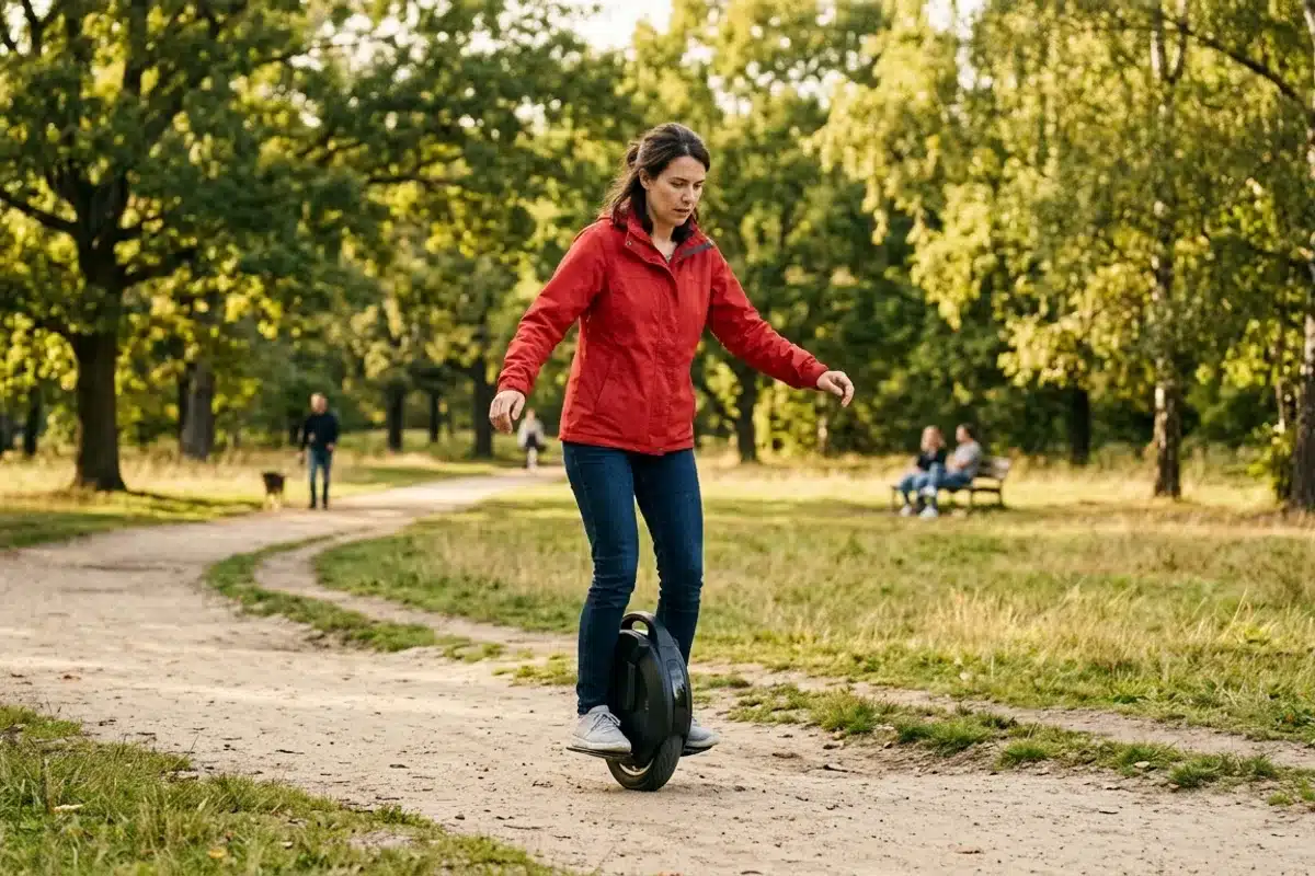 Apprentissage d'une monoroue électrique en extérieur Femme débutante en train d'apprendre à rouler sur une monoroue électrique dans un parc