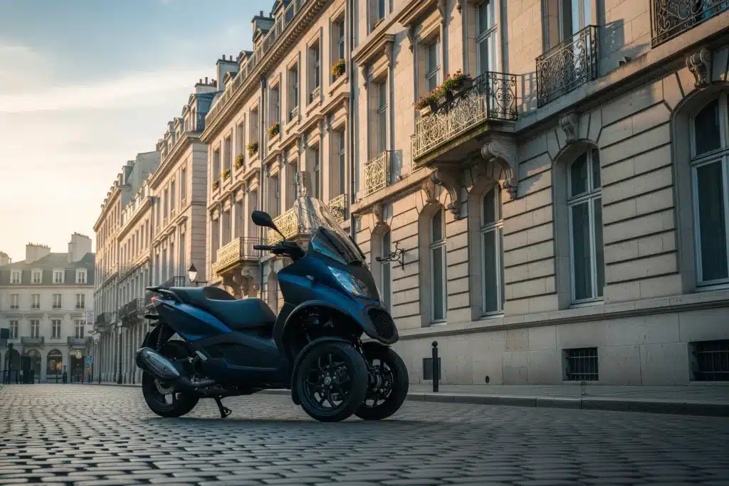 Scooter à 3 roues garé sur une rue européenne, illustration de l'assurance scooter 3 roues