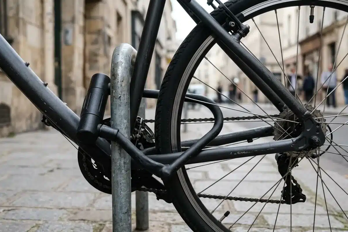 Bien attacher son vélo avec un antivol en U à un arceau Vélo attaché par un antivol en U passant dans la roue arrière, le cadre et l'arceau