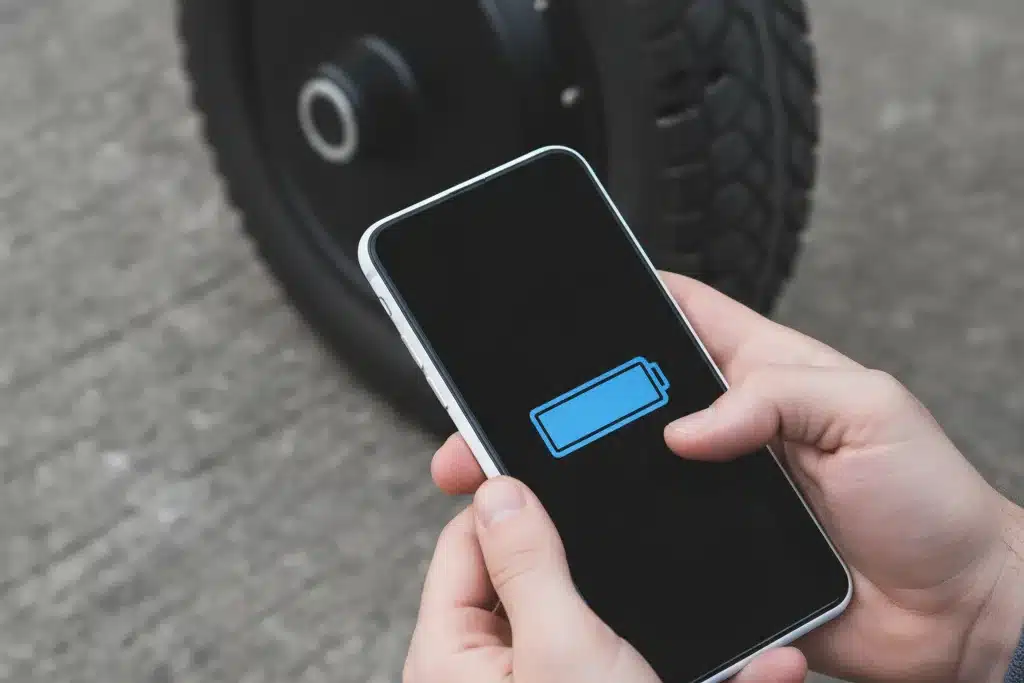 Vérification autonomie gyroroue via application Mains tenant un smartphone montrant l'autonomie restante d'une gyroroue
