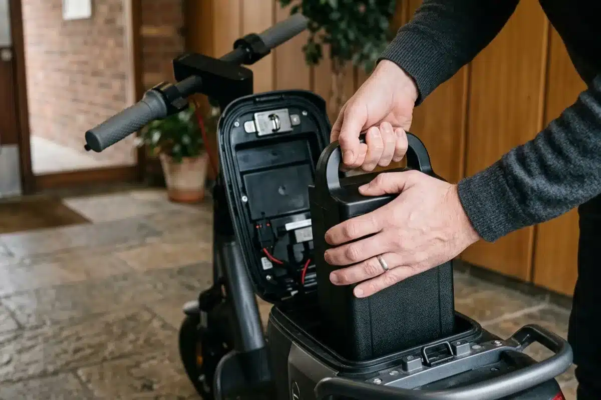 Batterie amovible d’un scooter électrique Retrait d’une batterie amovible au lithium sur un scooter électrique