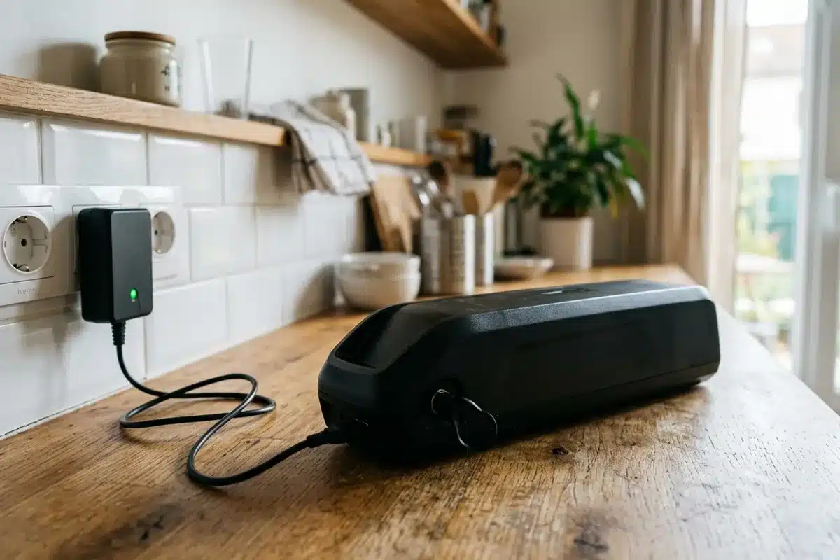 Batterie de vélo électrique en charge Batterie amovible de vélo électrique en charge à l'intérieur sur un plan de travail