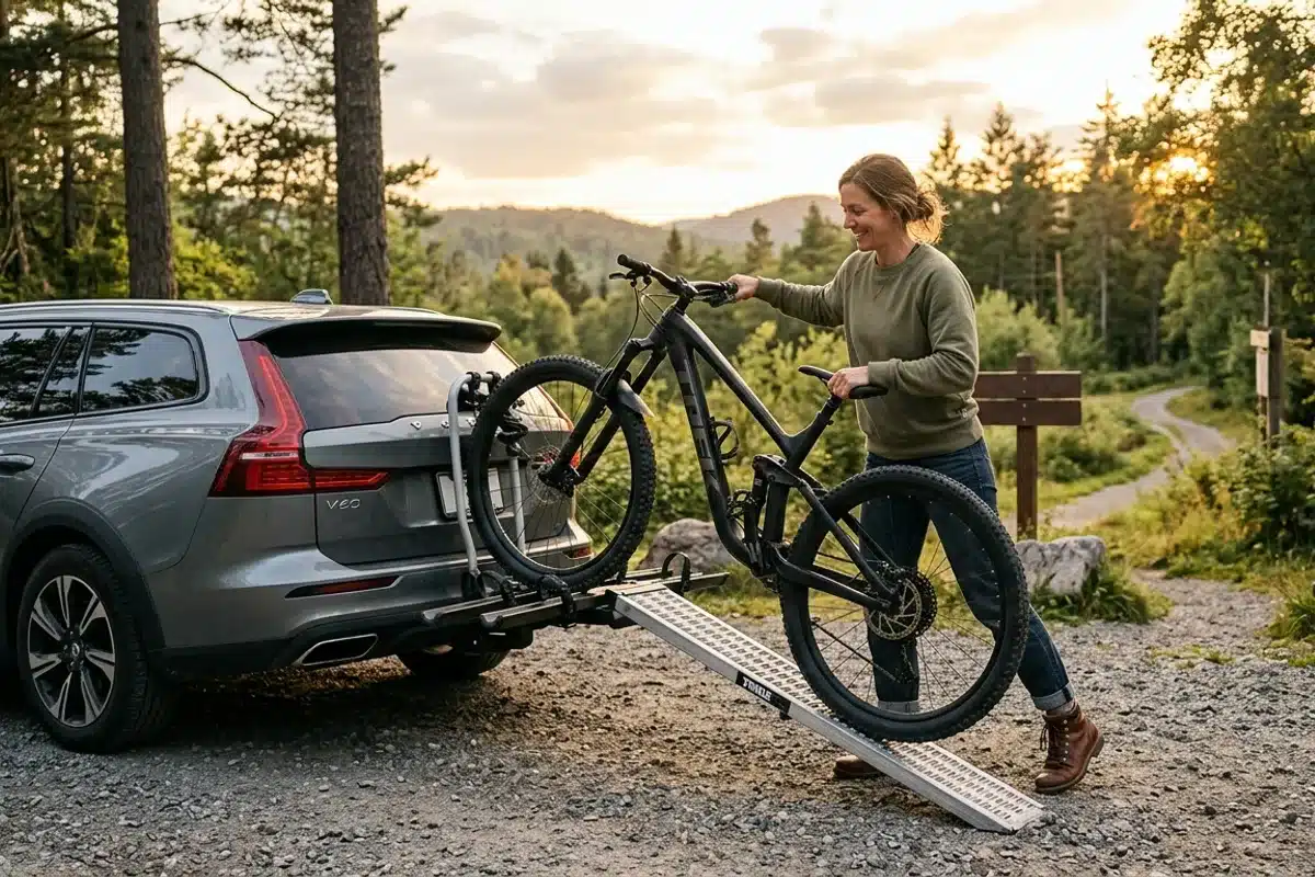 Chargement d'un vélo sur un porte-vélo d'attelage à l'aide d'une rampe Personne chargeant un vélo sur un porte-vélo d'attelage avec une rampe de chargement