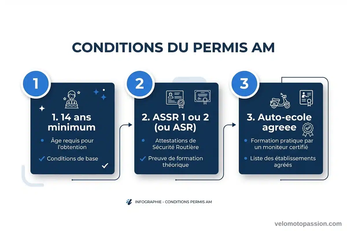 3 conditions obligatoires pour le permis AM BSR Infographie des 3 conditions pour passer le permis AM : 14 ans minimum, ASSR 1 ou 2 ou ASR, auto-école agréée